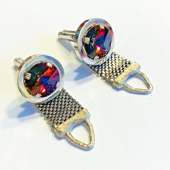 Vintage Mid Century Cufflinks Chunky Silvertone Mesh Wrap Watermelon Stones - Picture 2 of 7